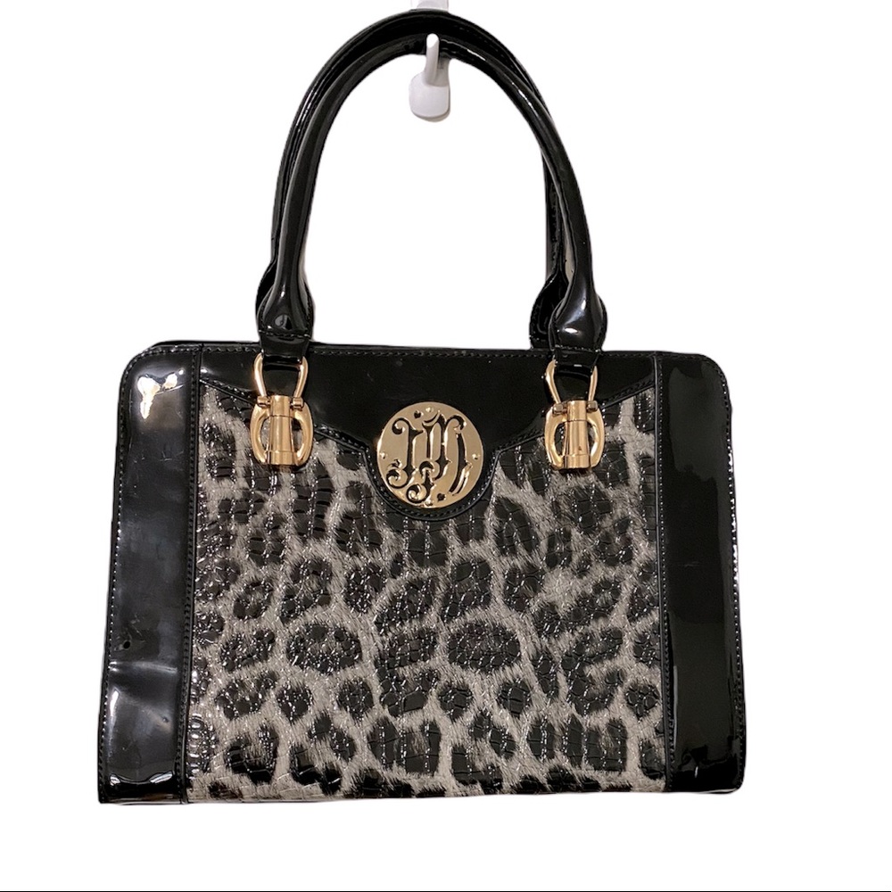 JULIA & MICHAEL Black Faux Patent Leather Animal Print Large Tote Purse